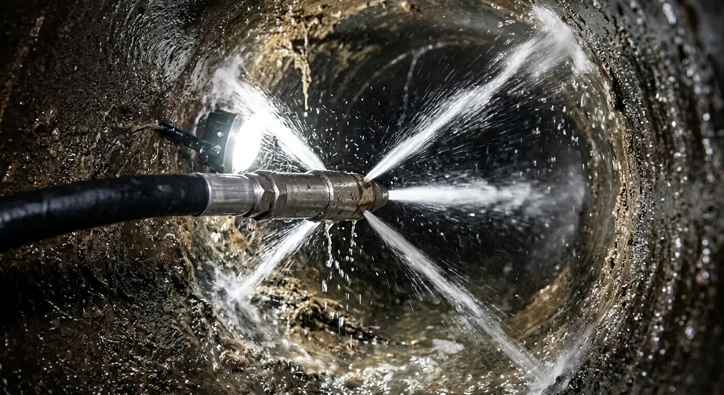 High-pressure hydro jetting nozzle cleaning sewer pipe for Trenchless Sewer Repair in Saratoga Springs