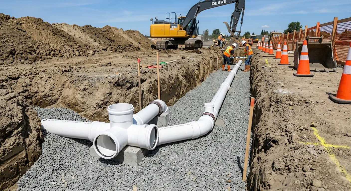 New PVC sewer pipe installation in open trench for Commercial Drain Cleaning in Saratoga Springs