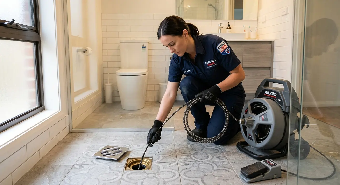 Technician clearing a bathroom floor drain for Clogged Drain Repair in Saratoga Springs
